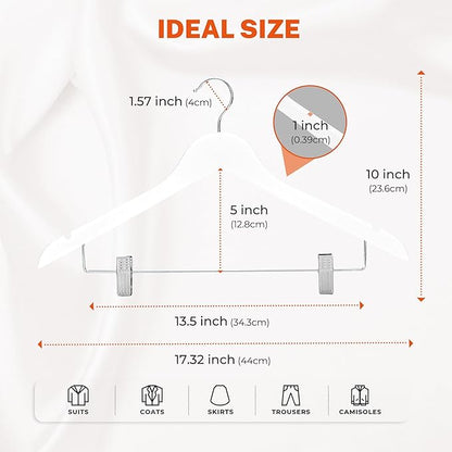 HOUSE DAY Wooden Hangers with Clips 24 Pack, Wood Clothes Hangers Smooth Finish Wooden Hanger Premium Wood Hanger for Clothes Suit, White