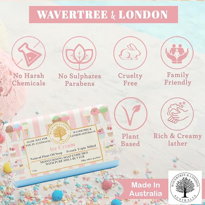 Wavertree & London Ice Cream Scented Natural Soap (8 Bars), 7oz Moisturizing French Triple Milled Soap Bars enriched with shea butter - Pure Plant Oil Bath & Body Bars for All Skin Types