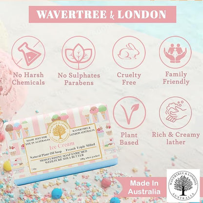 Wavertree & London Ice Cream Scented Natural Soap (8 Bars), 7oz Moisturizing French Triple Milled Soap Bars enriched with shea butter - Pure Plant Oil Bath & Body Bars for All Skin Types