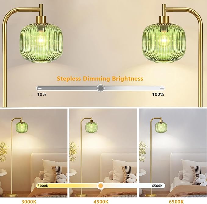 Glass Floor Lamp for Living Room,Bedroom,Dimmable Standing Lamp with Remote,Gold Brass Tall Lamp Mid Century Modern Floor Lamps Green LampShade Boho Vintage Retro Farmhouse Floor Light Bohemian