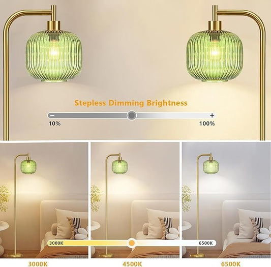 Glass Floor Lamp for Living Room,Bedroom,Dimmable Standing Lamp with Remote,Gold Brass Tall Lamp Mid Century Modern Floor Lamps Green LampShade Boho Vintage Retro Farmhouse Floor Light Bohemian