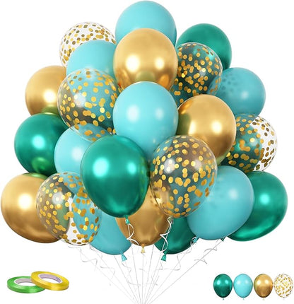 FunHot Teal Balloons, 60 Pcs Gold Turquoise Balloons, 12 Inch Metallic Gold Dark Green Gold Confetti Balloon Teal Blue White Latex Balloon for Wedding Birthday Baby Shower Party Decorations