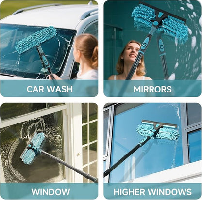 Professional 2-in-1 Window Squeegee Cleaner Tool with 62" Extension Pole, Rotatable Bendable Head & Scrubber, Car Glass Cleaning Kit for Windows, Shower, Gas Station - 1 Blade 2 Scrubber
