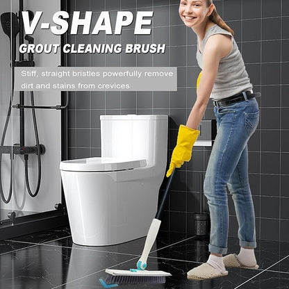 Grout Brush with Long Handle V Shape Floor Scrub Brush Stiff Bristle Grout Scrubber for Cleaning Bathroom Garage Kitchen Wall Tub Tile (1, White)