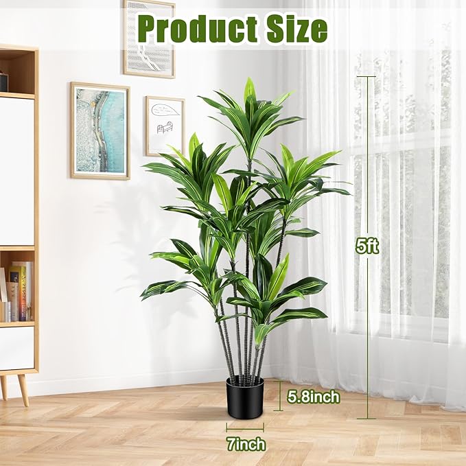 Dracaena Artificial Plant Indoor 5FT - Large Tropical Fake Tree with Lifelike Leaves - Tall Faux Floor Plant in Pot - Artificial Dracaena Tree Indoor for Home Office Living Room Decor