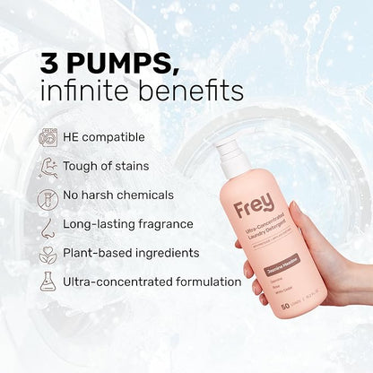 FREY Concentrated Liquid Laundry Detergent | Formulated for Sensitive Skin & HE Washers | Removes Stains Effectively | 50 Loads per Bottle (2-pack Jasmine Meadow)