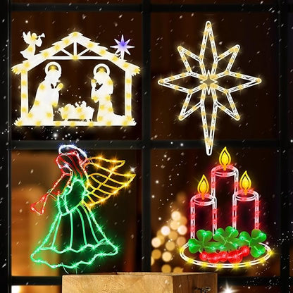 Christmas Decorations - 16" Christmas Window Silhouette Lights - 4 Pack Colour Lighted Candle & Nativity & Bethlehem Star & Angel for Holiday Indoor and Outdoor Wall Door Window Decorate