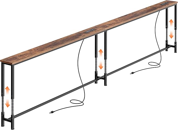 Huuger 110.2 Inch Sofa Table with Power Outlets, 23.9’’-34.4’’ Height Adjustable Range, Behind Couch Table with USB-C Ports, Sofa Tables Narrow Long, Skinny Console Table, Small Spaces, Rustic Brown