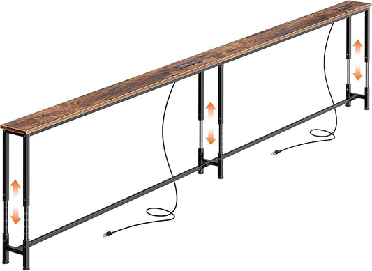 Huuger 110.2 Inch Sofa Table with Power Outlets, 23.9’’-34.4’’ Height Adjustable Range, Behind Couch Table with USB-C Ports, Sofa Tables Narrow Long, Skinny Console Table, Small Spaces, Rustic Brown
