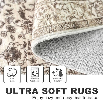 KILOCOCO Hallway Runner 2x8 Rug Runner Printed Vintage Floral Washable Kitchen Runners Non-Slip Rubber Backed Runners for Hallways Laundry Room Distressed Boho Rugs for Entryway Bedroom, Beige/Brown