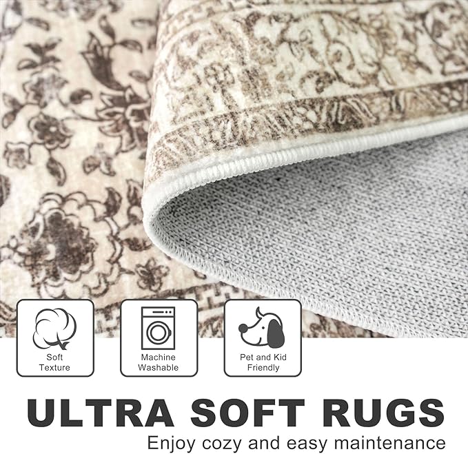 KILOCOCO Moroccan Small Area Rug 2x3 Entryway Rugs Printed Vintage Floral Washable Rug Non-Slip Kitchen Rug Indoor Door Mat, Accent Throw Small Rugs for Laundry Room Bedroom Entrance, Beige/Brown