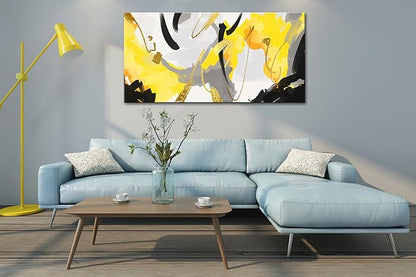 weiyiart Abstract Yellow and Black Canvas Wall Art Bold Modern Print Painting Fluid Picture Artwork for Contemporary Living Room Bedroom Office Decoration 24"x48"