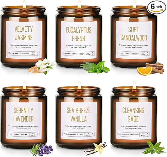 Scented Soy Candles Set for Women - 6 Pack 42oz 300Hour Candle for Home Scented, Lavender Vanilla Eucalyptus Sage Jasmine Sandalwood, Natural Soy Wax Aromatherapy Candles ﻿