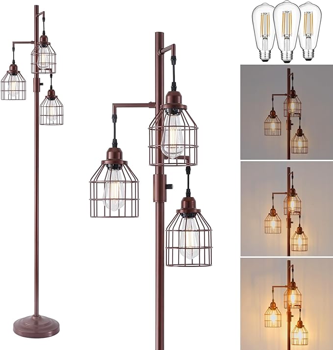 9MMML Floor Lamp for Living Room, Farmhouse Industrial Dimmable Floor lamp, 3 Lights Metal Cage Tree Standing Lamp,68", 3Pcs LED Bulbs Included