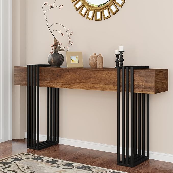 63 Inch Long Console Table, Extra Thick Industrial Sofa Table Behind The Couch Rectangular Entryway Table for Entrance Hallway Living Room, Entire top Board & 4-Pipe Legs, Rustic Brown