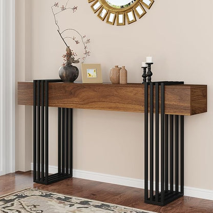 63 Inch Long Console Table, Extra Thick Industrial Sofa Table Behind The Couch Rectangular Entryway Table for Entrance Hallway Living Room, Entire top Board & 4-Pipe Legs, Rustic Brown