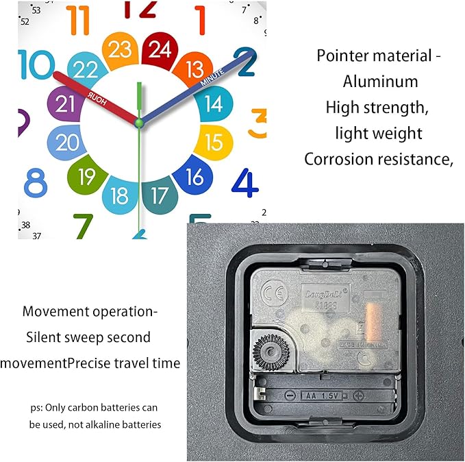 XFM Silent Kids Wall Clock Battery Operated 12 Inch Non Ticking Kids Teaching Clock Colorful Analog Learning Clock Decorative for Kids Room Classroom School