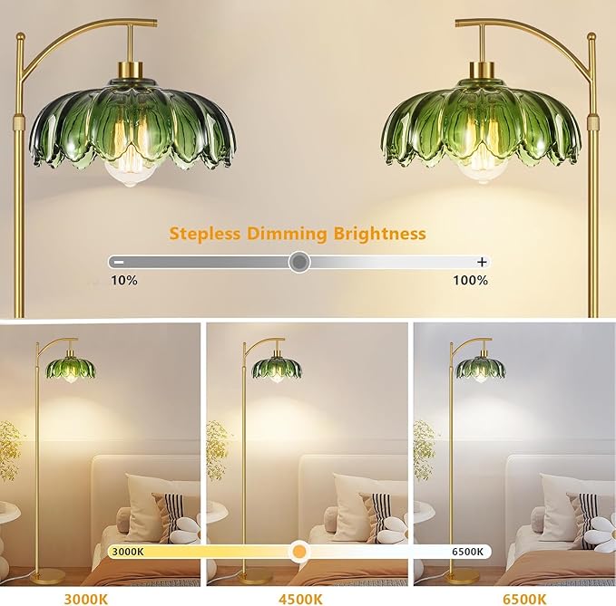 Gold Floor Lamp for Living Room Bedroom with Remote,Unique Vintage Standing Tall Lamp,Mid Century Modern Floor Lamps with Dimmable Bulb,Arc Green Glass Floor Lamps for Office Corner