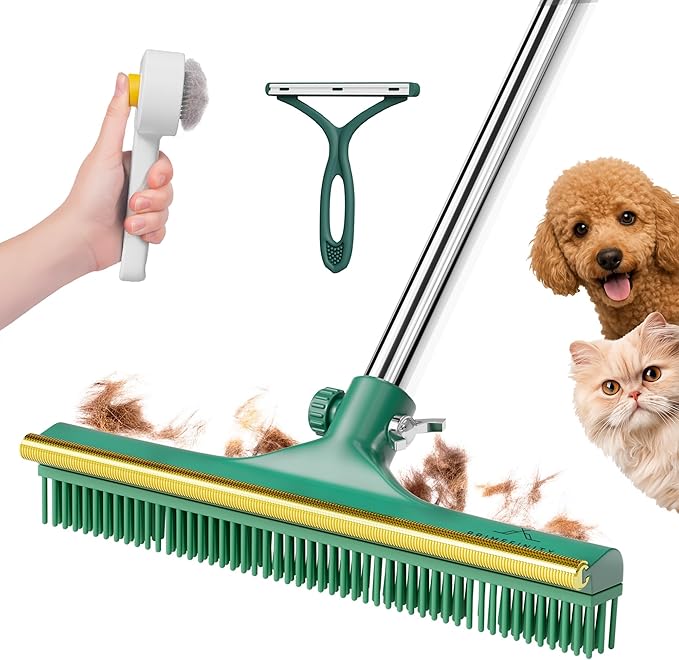 Carpet Rake for Pet Hair Removal, 60” Long Handle – Heavy-Duty Pet Hair Remover for Carpets, Rugs & Mats