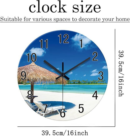 XFM Beach Wall Clock Battery Operated 16 Inch Blue Ocean Glass Wall Clocks Silent Non Ticking Tropical Summer Coastal Clock for Bedroom Living Room Office