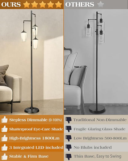 ELYONA Modern Dimmable Floor Lamp, 3-Light Standing Lamp with Remote & Touch Control, Stepless Adjustable 2200K-6500K Colors & Brightness 24W LED Reading Light for Bedroom Living Room Office, Black