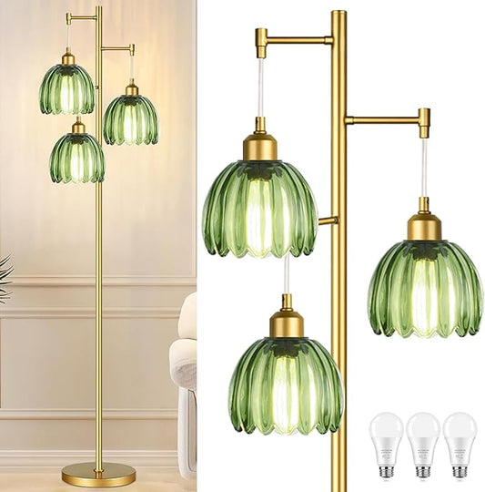 Gold Floor Lamp for Living Room Bedroom,Modern Tree Floor Lamps with Green Glass Shades,68IN Tall Standing Lamp with Bulbs,3 Lights Mid Century Vintage Floor Lamp for Corner Office Reading