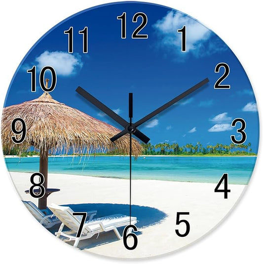 XFM Blue Beach Wall Clock 12 Inch Silent Glass Wall Clocks Battery Operated Tropical Summer Coastal Clock Decorative for Bedroom Living Room Office