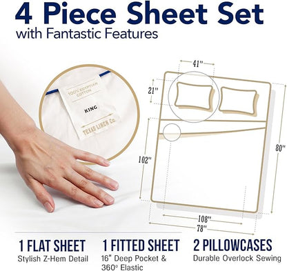 TEXAS LINEN CO. Luxury Egyptian Cotton California King Sheet Set - 1000 Thread Count 4 Piece Cal King Sheets, Soft, Cooling Extra Long Staple Sateen Bed Sheets - Fits Upto 18” Deep Pocket - Ivory