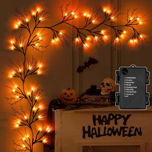 9 Ft 54 LED Halloween Willow Vine Twig Decor Garland with 8 Modes Timer Waterproof Battery Operated Scary Halloween Decorations for Home Wall Mantle Fireplace Decor