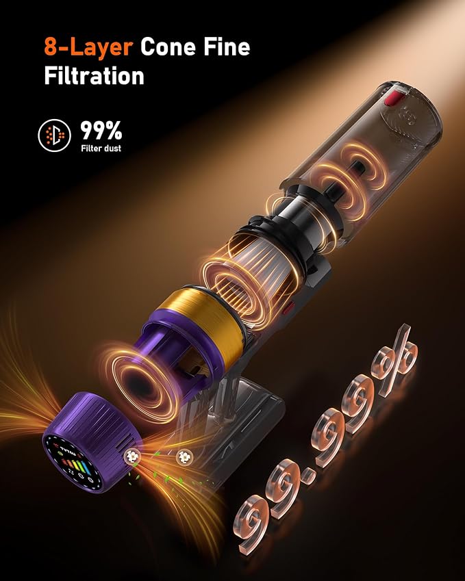 Cordless Vacuum Cleaner, 580W 50Kpa Suction, 70Mins Runtime, Self-Standing Stick Vacuum with LED Display, V-Shape Anti-Tangle Brush for Hard Floor Carpets Pet Hair