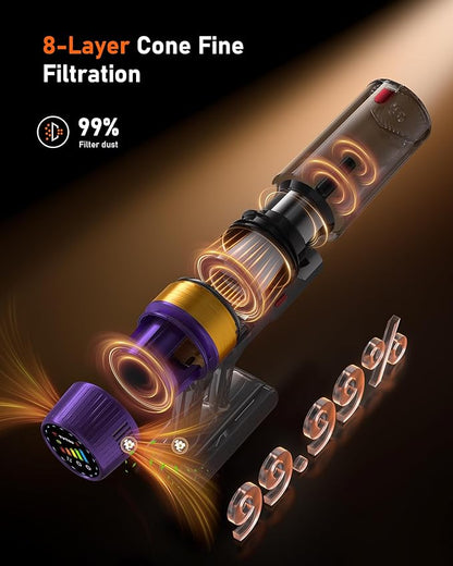 Cordless Vacuum Cleaner, 580W 50Kpa Suction, 70Mins Runtime, Self-Standing Stick Vacuum with LED Display, V-Shape Anti-Tangle Brush for Hard Floor Carpets Pet Hair