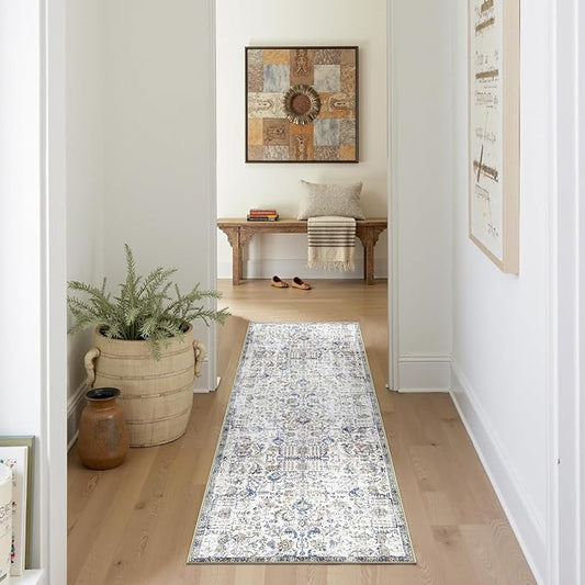 jinchan Runner Rug 2x5 Washable Hallway Rug Vintage Indoor Thin Retro Floor Cover Distressed Floral Country Lightweight Non Slip Carpet for Entryway Bathroom Kitchen Bedroom Living Room Blue