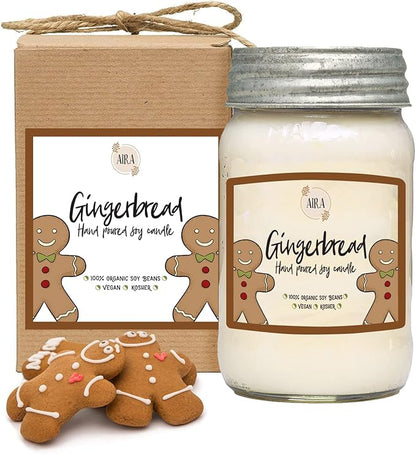 Aira Holiday Soy Candles - Organic, Kosher, Vegan, Mason Jar Candle w/Aromatherapy Essential Oils - Hand-Poured 100% Soy Candle Wax - Paraffin Free, Burns 110+ Hours - Gingerbread - 16 Ounces