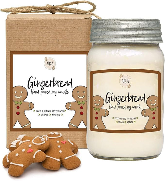 Aira Holiday Soy Candles - Organic, Kosher, Vegan, Mason Jar Candle w/Aromatherapy Essential Oils - Hand-Poured 100% Soy Candle Wax - Paraffin Free, Burns 110+ Hours - Gingerbread - 16 Ounces