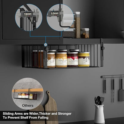 2Pack Under Shelf Basket Organizer,Adjustable Hanging Holder Storage for Cabinet Pantry Kitchen Cupboard Desk Counter Bookshelf Organization Add-on Space Saver Heavy Duty Slide-in,Black