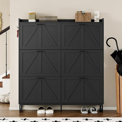 Shoe Cabinet with 6 Flip Drawers Narrow Shoe Storage Cabinet Organizer Wooden Freestanding Shoe Rack Hidden Slim Shoes Storage Cabinet for Entryway, Hallway, Living Room, Bedroom