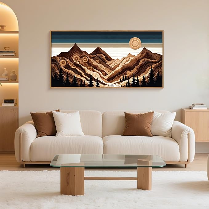 Large Abstract Mountain Woodcut Framed Canvas Wall Art,Modern Tree Ring Wall Decor,Sunrise Ridge Scenery Wall Painting,Retro Desert Artwork for Living Room,Bedroom,Dining Room,Office -20"x40"x1