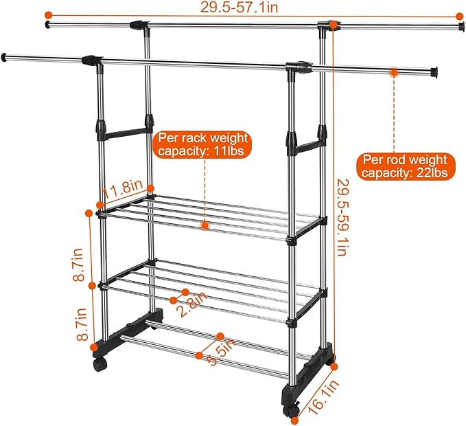 Double Rods Clothes Rack, Rolling Clothing Rack for Hanging Clothes, Portable Wardrobe Rack Max Load 77LBS, Sturdy Metal Garment Rack Coat Rack for Bedroom Laundry Living Room, Silver