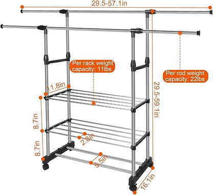Double Rods Clothes Rack, Rolling Clothing Rack for Hanging Clothes, Portable Wardrobe Rack Max Load 77LBS, Sturdy Metal Garment Rack Coat Rack for Bedroom Laundry Living Room, Silver