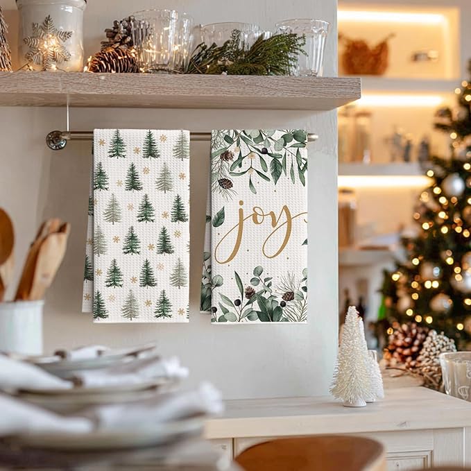 Artoid Mode Green Xmas Tree Leaves Pinecone Christmas Kitchen Towels, 18x26 Inch Quick Dry Microfiber Cloth Dish Towels for Kitchen Drying Set of 4