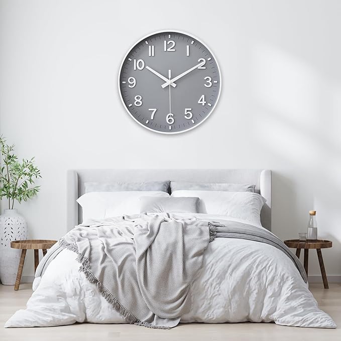 HZDHCLH Wall Clocks Battery Operated,Wall Clock Gray,12 inch Wall Clock Silent Non Ticking Modern 3D Numbers for Kitchen Bedroom Living Room Office Classroom Decor