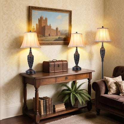 65’’ Vintage Floor Lamp for Living Room, Traditional Standing Lamp with Carved Resin Base and Foot Switch, Classic Farmhouse Tall Pole Lamp, Bedroom, Office, Bronze Finish