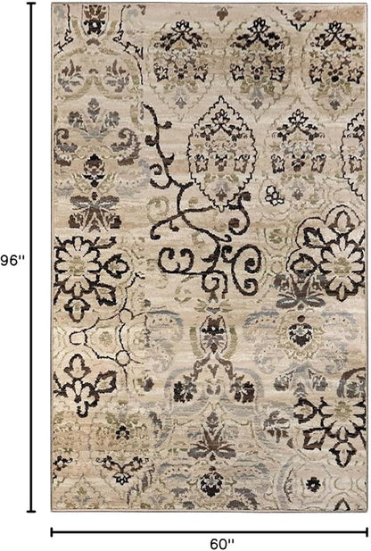 Superior 8mm Pile Height with Jute Backing, Gorgeous Patchworked Damask Design, Fashionable and Affordable Woven Rugs, 5' x 8' Rug, Beige