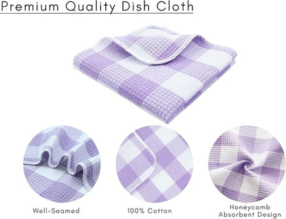 Waffle Weave Plaid Dish Cloths, 100% Cotton - 12 x 12 Inches, Ultra Soft Absorbent Quick Drying Dish Towels Buffalo Check Dish Rags for Kitchen, 8 Pack - Fall Thanksgiving- Lavender & White