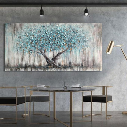 Arjun Tree Wall Art Canvas for Living Room Blue Tree of Life Nature Teal Abstract Textured Painting Picture Modern Panoramic Landscape Artwork Framed Bedroom Home Office Decor, Extra Large 58"x29"