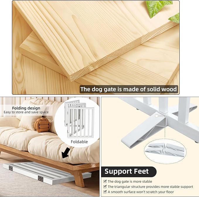 Dog Gate Indoor, Freestanding Dog Fence for The House, Doorways, Hallways,or Stairs,Pet Gate Foldable Wooden,Expandable 24" Height 4 Panels,White