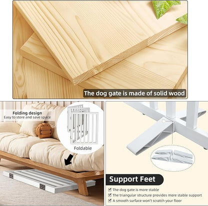 Dog Gate Indoor, Freestanding Dog Fence for The House, Doorways, Hallways,or Stairs,Pet Gate Foldable Wooden,Expandable 24" Height 4 Panels,White
