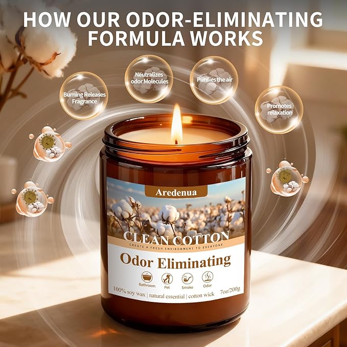 Clean & Pure Cotton Odor Eliminating Candles | Eliminates 95% of Pet, Smoke & Bathroom Odors – 7 oz Hand Poured Non-Toxic Soy Candle - Fresh Air Scented Candle Gentle for Pet - Gifts for Families