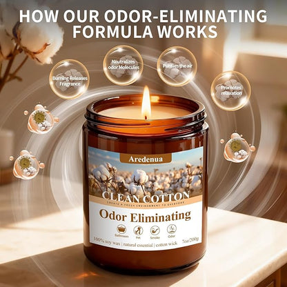 Clean & Pure Cotton Odor Eliminating Candles | Eliminates 95% of Pet, Smoke & Bathroom Odors – 7 oz Hand Poured Non-Toxic Soy Candle - Fresh Air Scented Candle Gentle for Pet - Gifts for Families