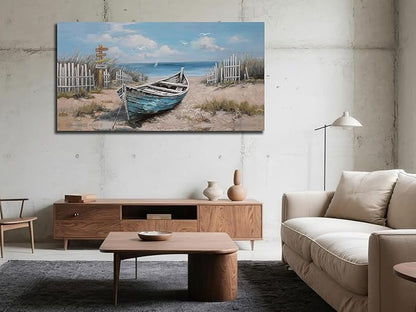 Ardemy Boat Canvas Wall Art for Living Room Large Teal Bedroom Pictures Wall Decor Textured Beach Paintings Artwork Dining Room Home Office Kitchen, 40"x20"